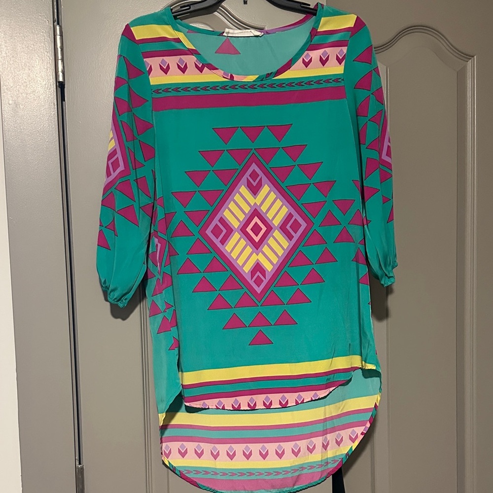 Peach Love Cream Tribal Print Blouse - Teal and Pink